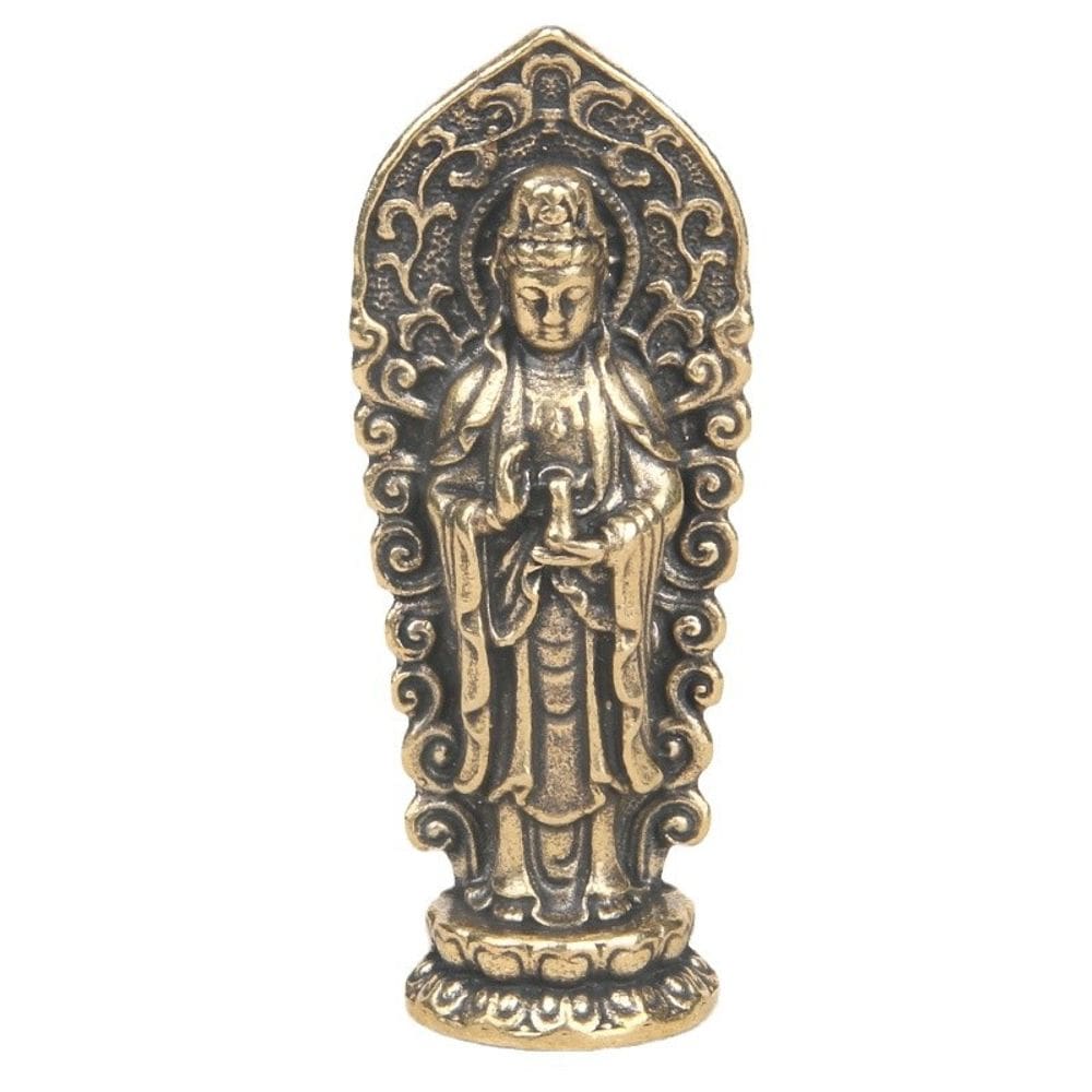 Estátua vintage de latão Guanyin Avalokitesvara 4,9 cm com suporte