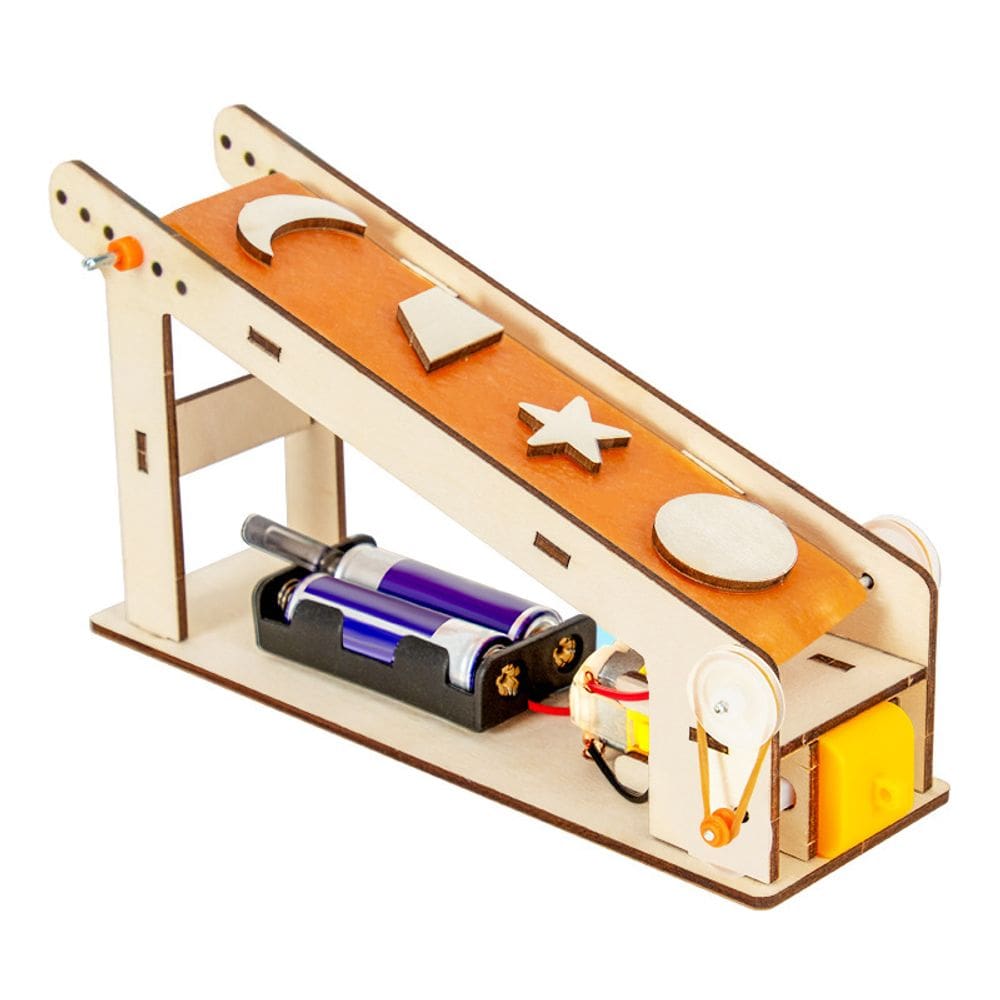Kit científico: correia transportadora de madeira DIY com motor para crianças
