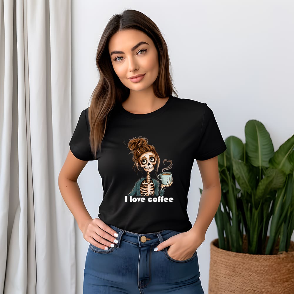 Desperte seu lado divertido com a camiseta I Love Coffee - Esqueleto Estiloso! Perfeita para os amantes de café