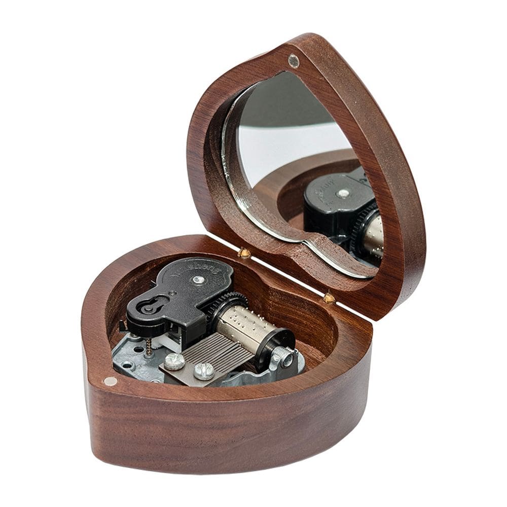 Caixa de música em madeira de nogueira em forma de coração com manivela espelhada