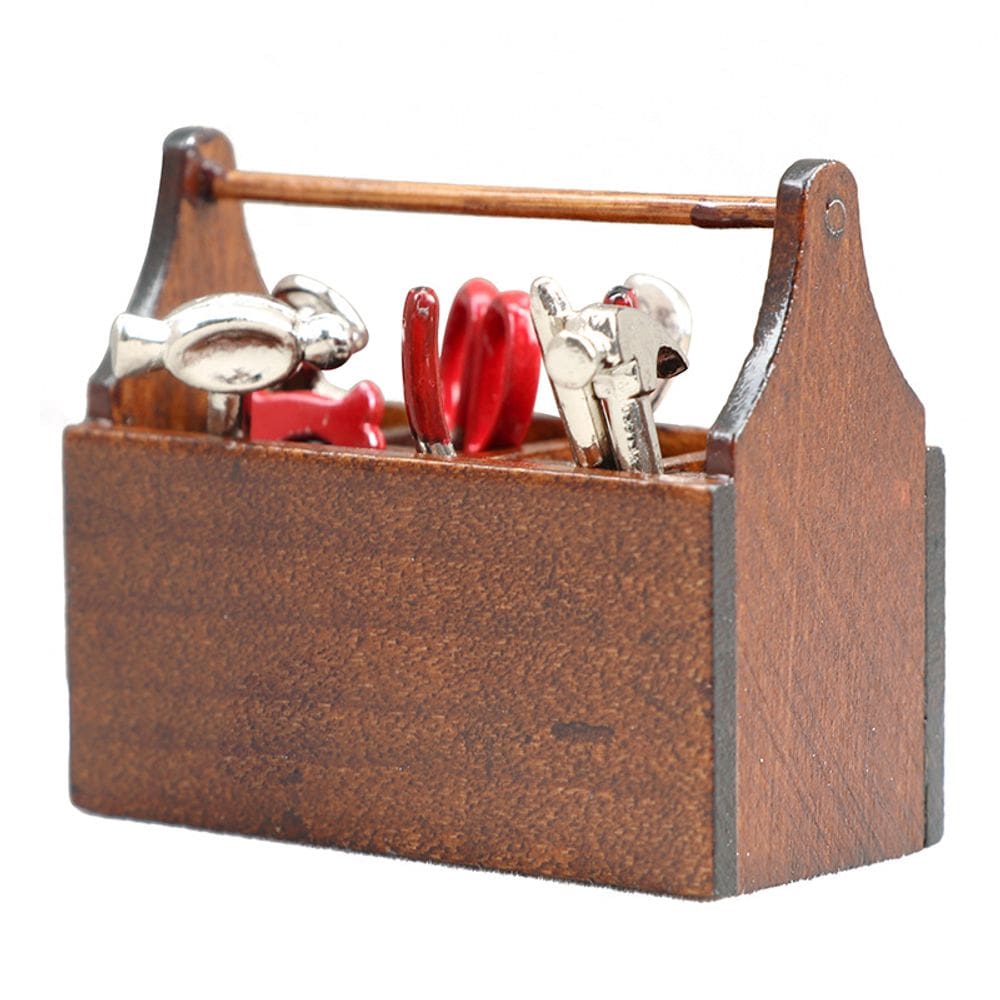Caixa de ferramentas de madeira em miniatura Dollhouse com ferramentas manuais, escala 1:12