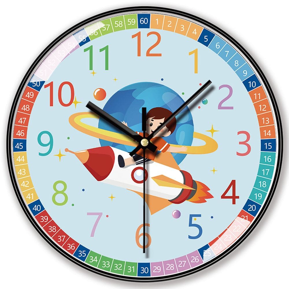 Relógio de parede Kids Educational Learning, tema espacial de 10 polegadas