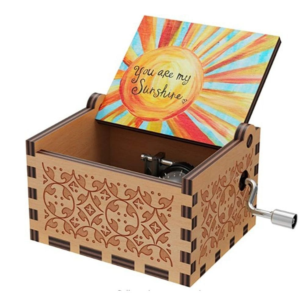 Caixa de música com manivela colorida de madeira com “You Are My Sunshine”
