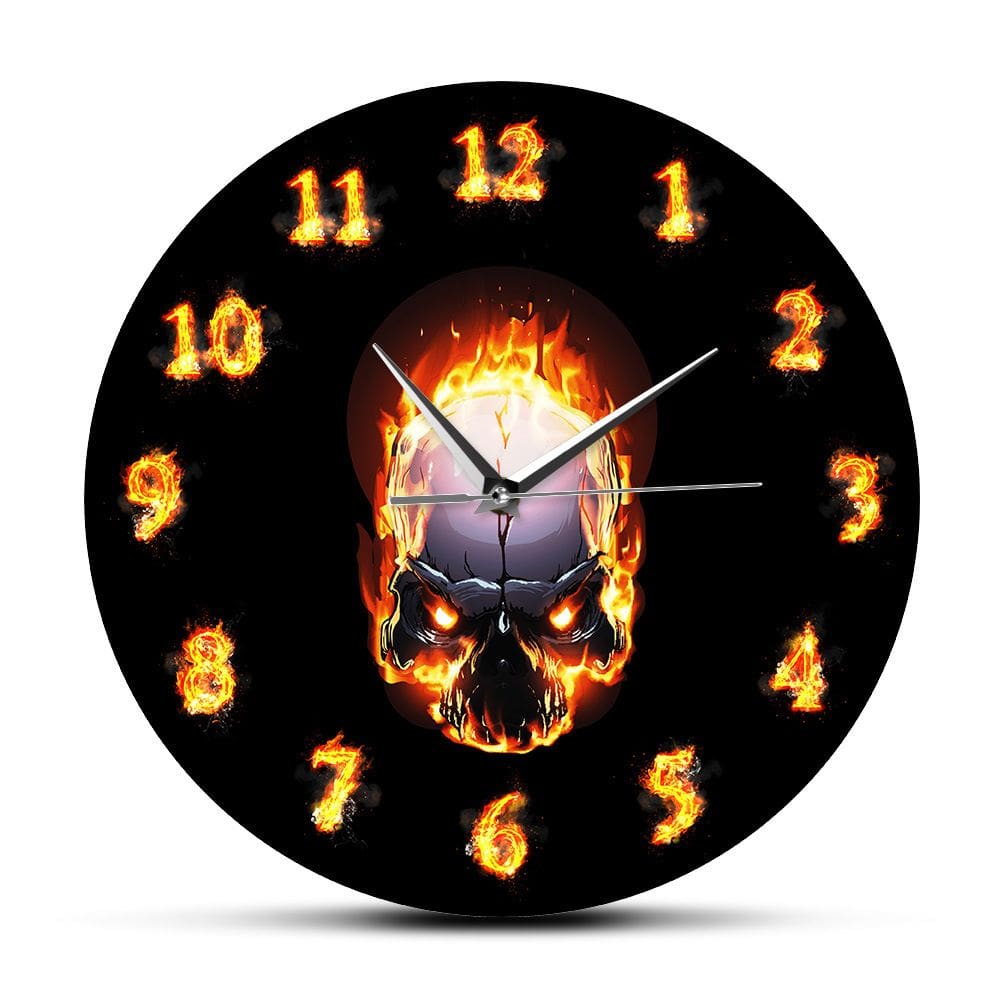 Relógio de parede Creative Skull de 12 polegadas Fire Flame Design Metal