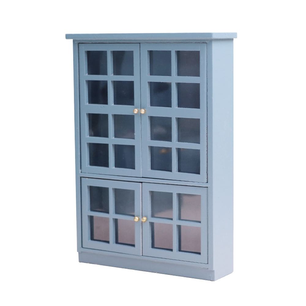 Armário de armazenamento Dollhouse em miniatura de madeira azul em escala 1:12