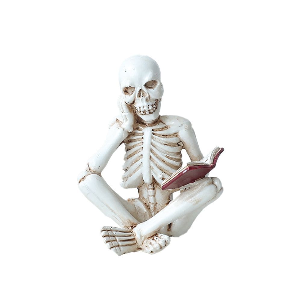 Escultura: resina, leitura, esqueleto, figura, crânio, 7x11,3x8,5cm