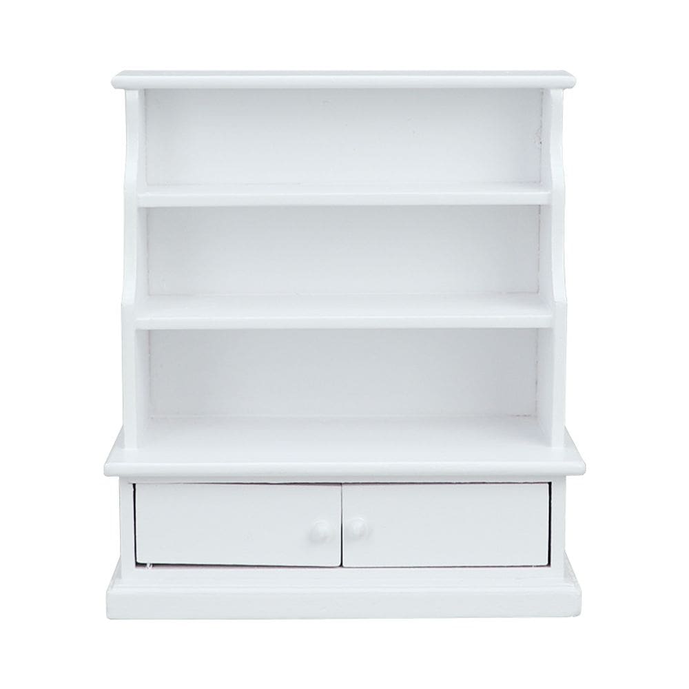 Estante de livros em miniatura de madeira branca com gavetas em escala 1:12 Dollhouse