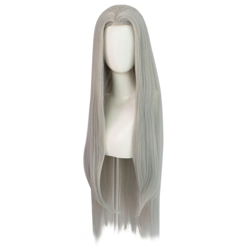 Peruca cinza prateada sintética com 100 cm de comprimento com parte central