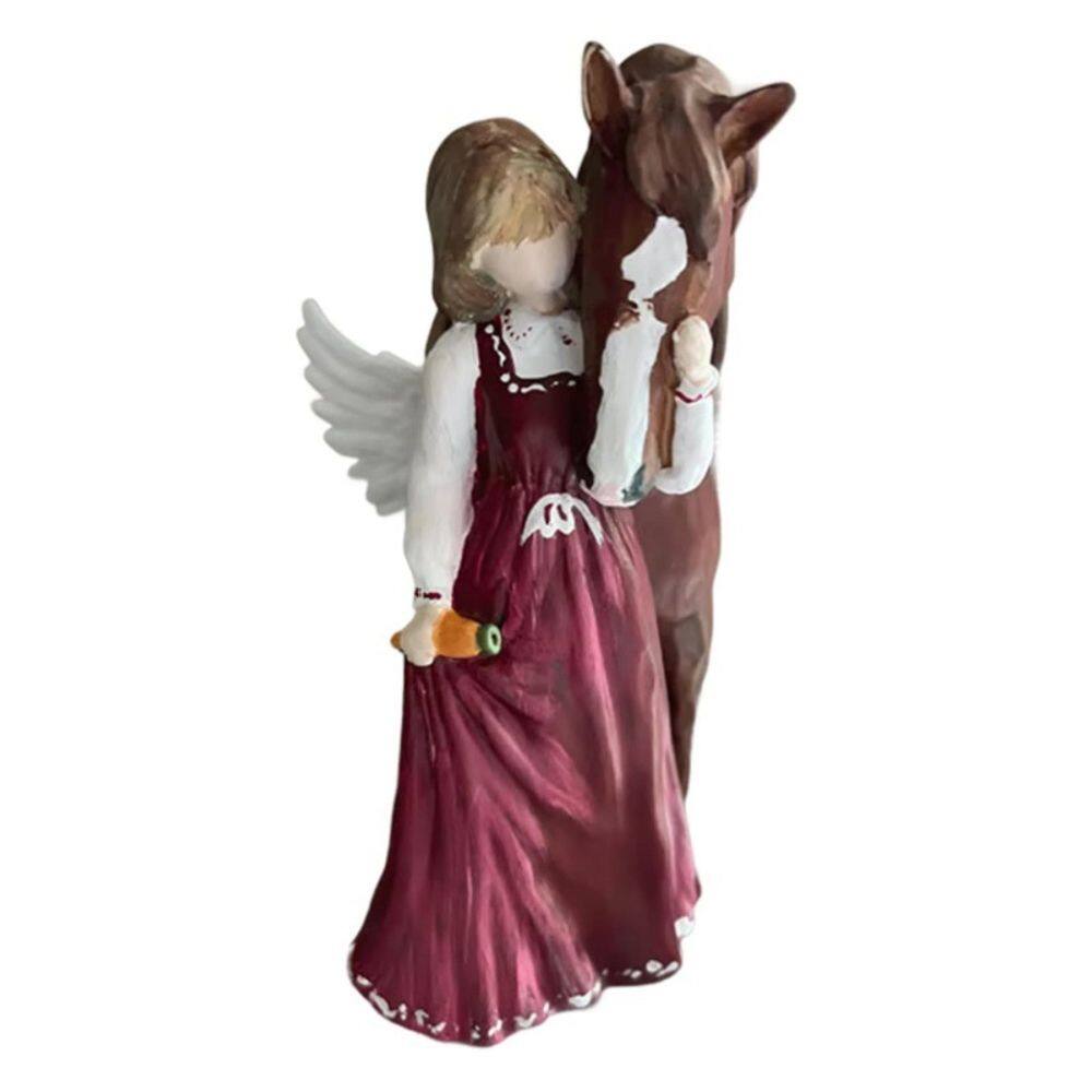 Estatueta de resina de escultura Angel Girl com cavalo de 17 cm