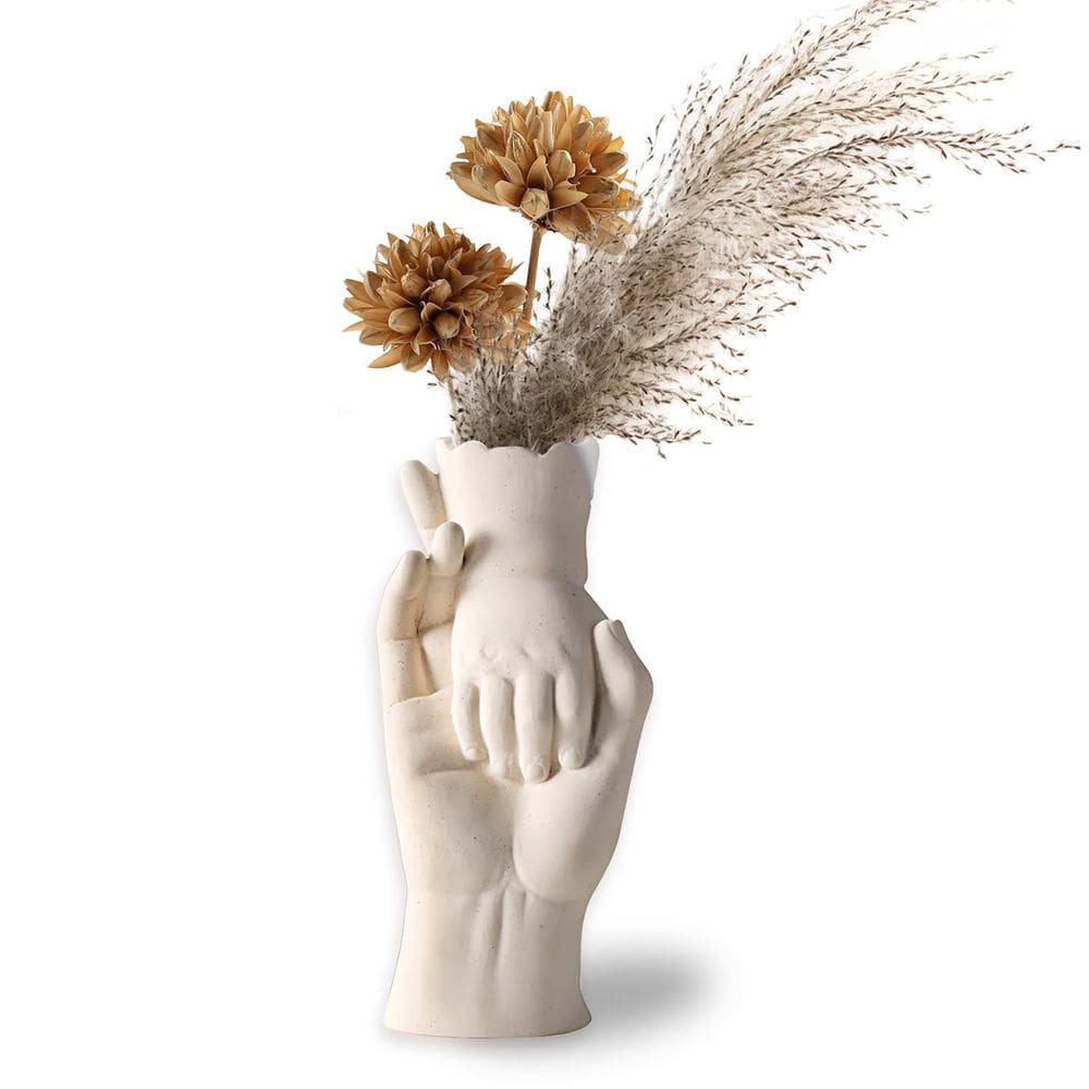 Vaso de escultura Mão a mão em resina cerâmica 11,8x26,5 cm 650g