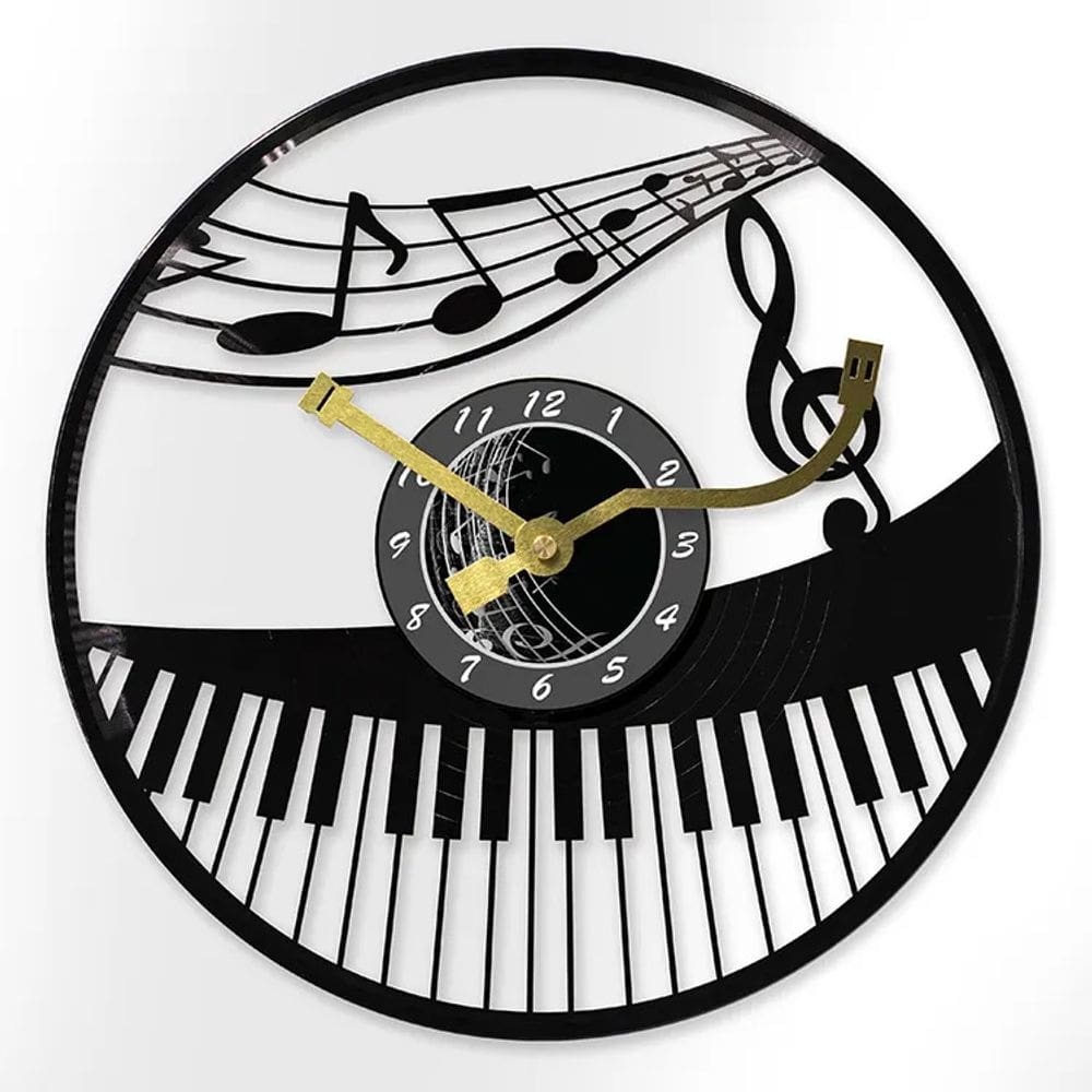 Relógio de parede com design de notas musicais e piano 30x30cm silencioso