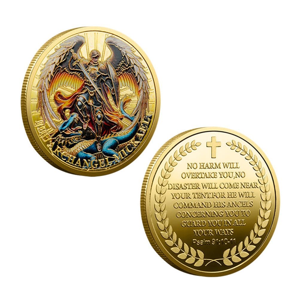 Moeda comemorativa Arcanjo Miguel com acabamento banhado a ouro