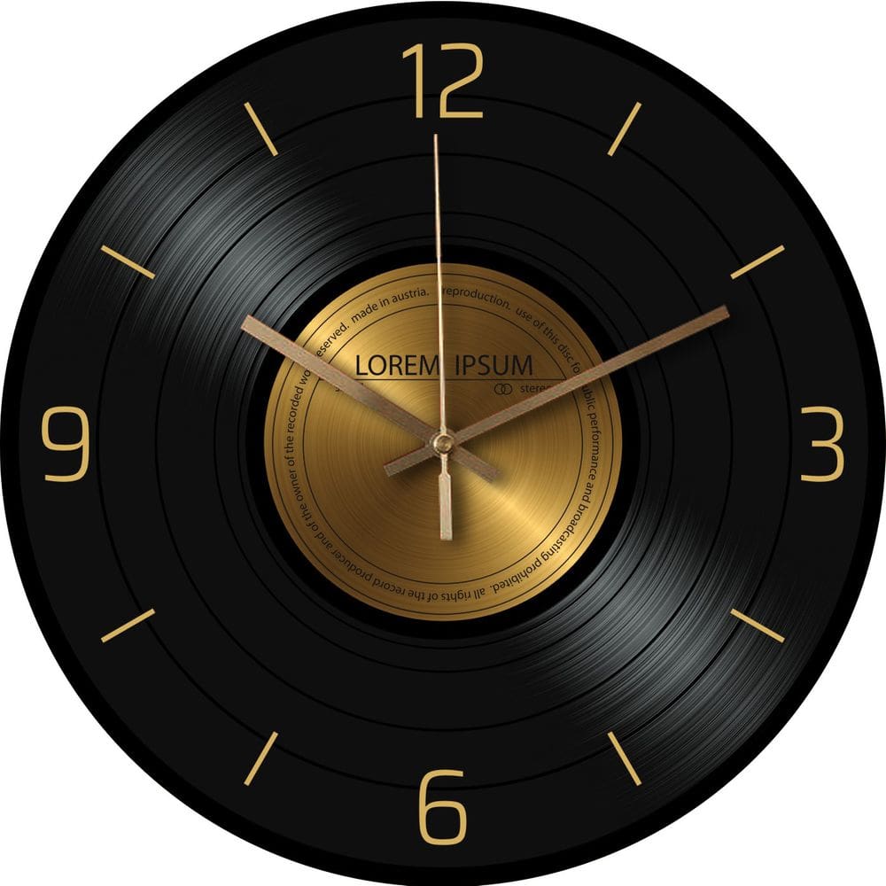 Relógio de parede com design de disco de vinil retrô 30 cm preto e dourado