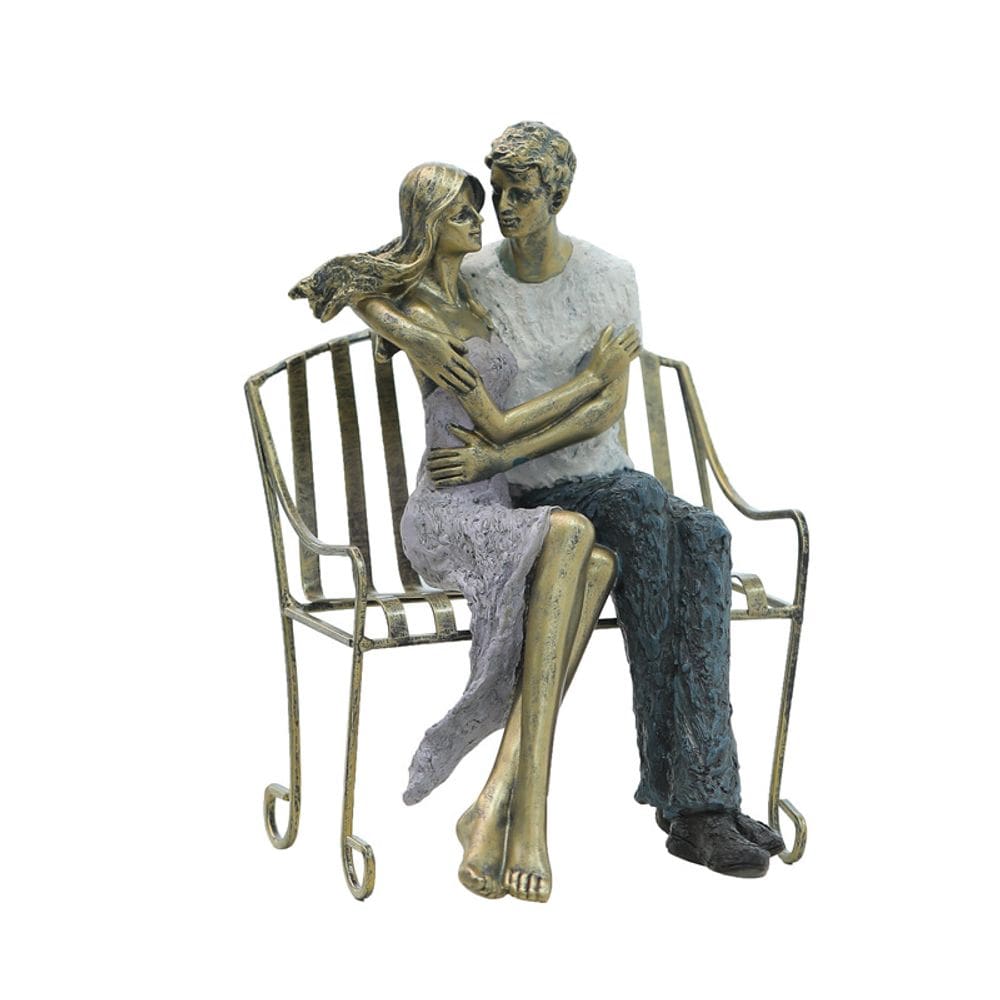Escultura de casal romântico europeu antigo em bronze e ferro L 28 cm