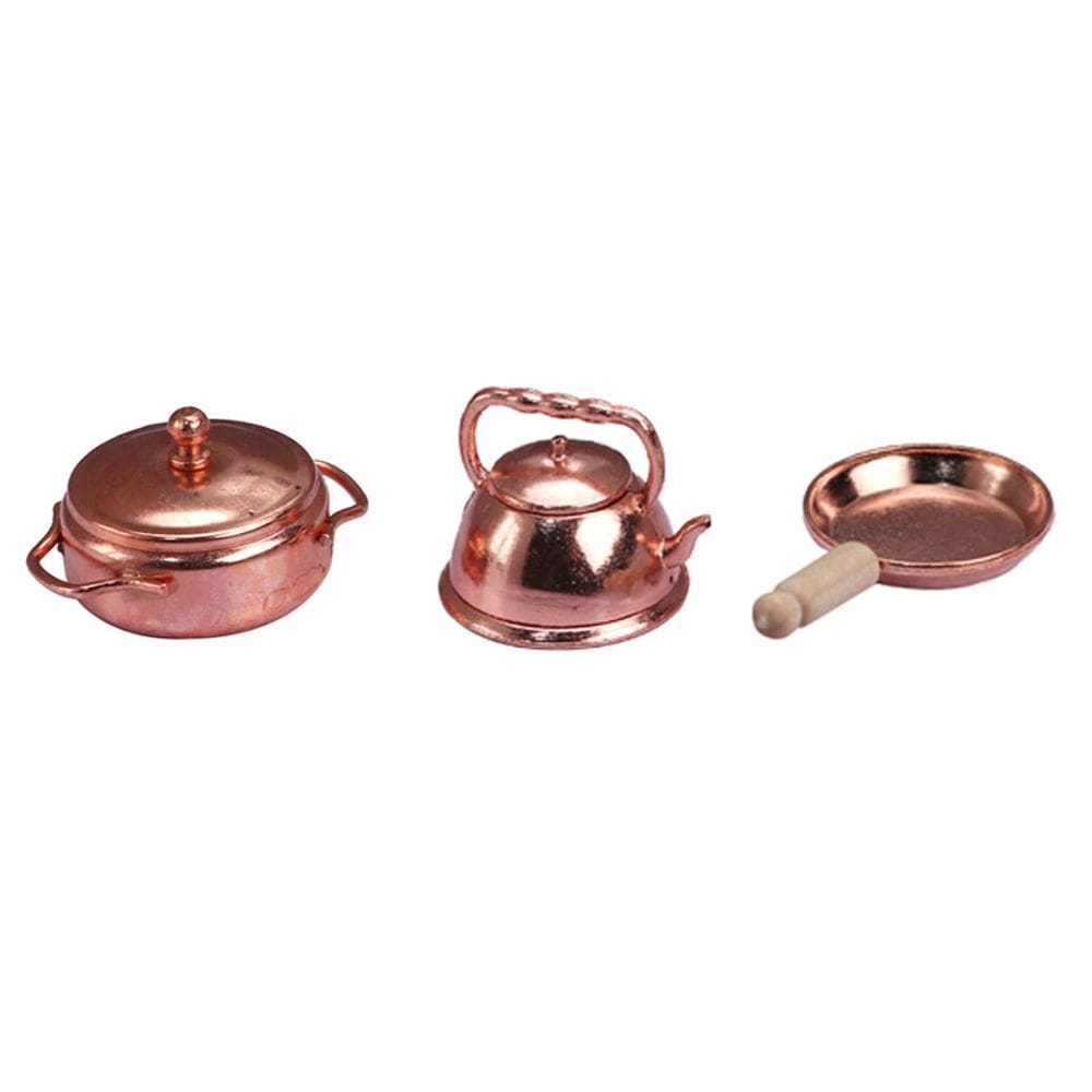 Conjunto de cozinha Dollhouse em miniatura em escala 1:12 em cobre de 3 peças