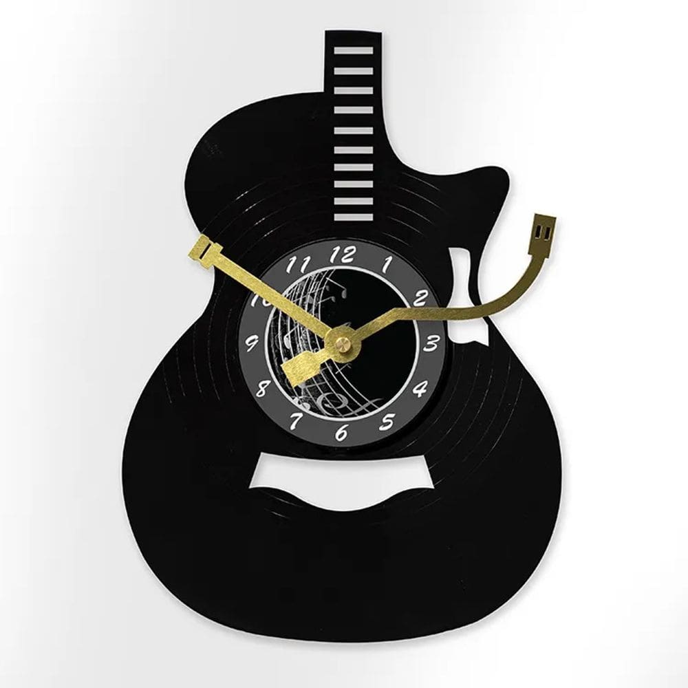 Relógio de parede em forma de guitarra com design de disco de vinil retrô 30cm