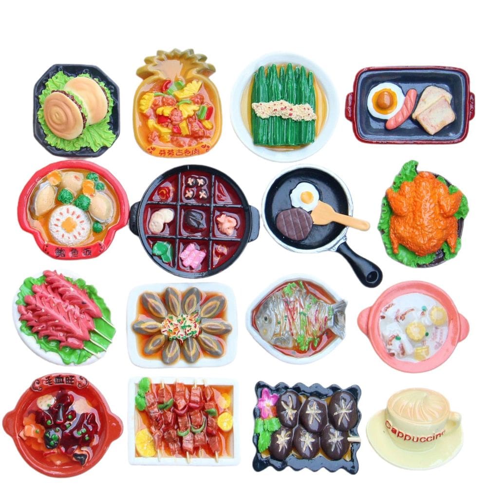 Ímãs de geladeira, 16 unidades de comida chinesa, resina 3D, refeição em miniatura