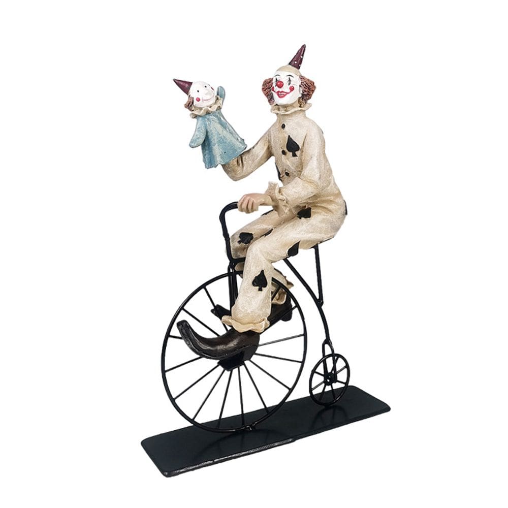 Estatueta vintage de resina de palhaço de circo de 13 polegadas com bicicleta