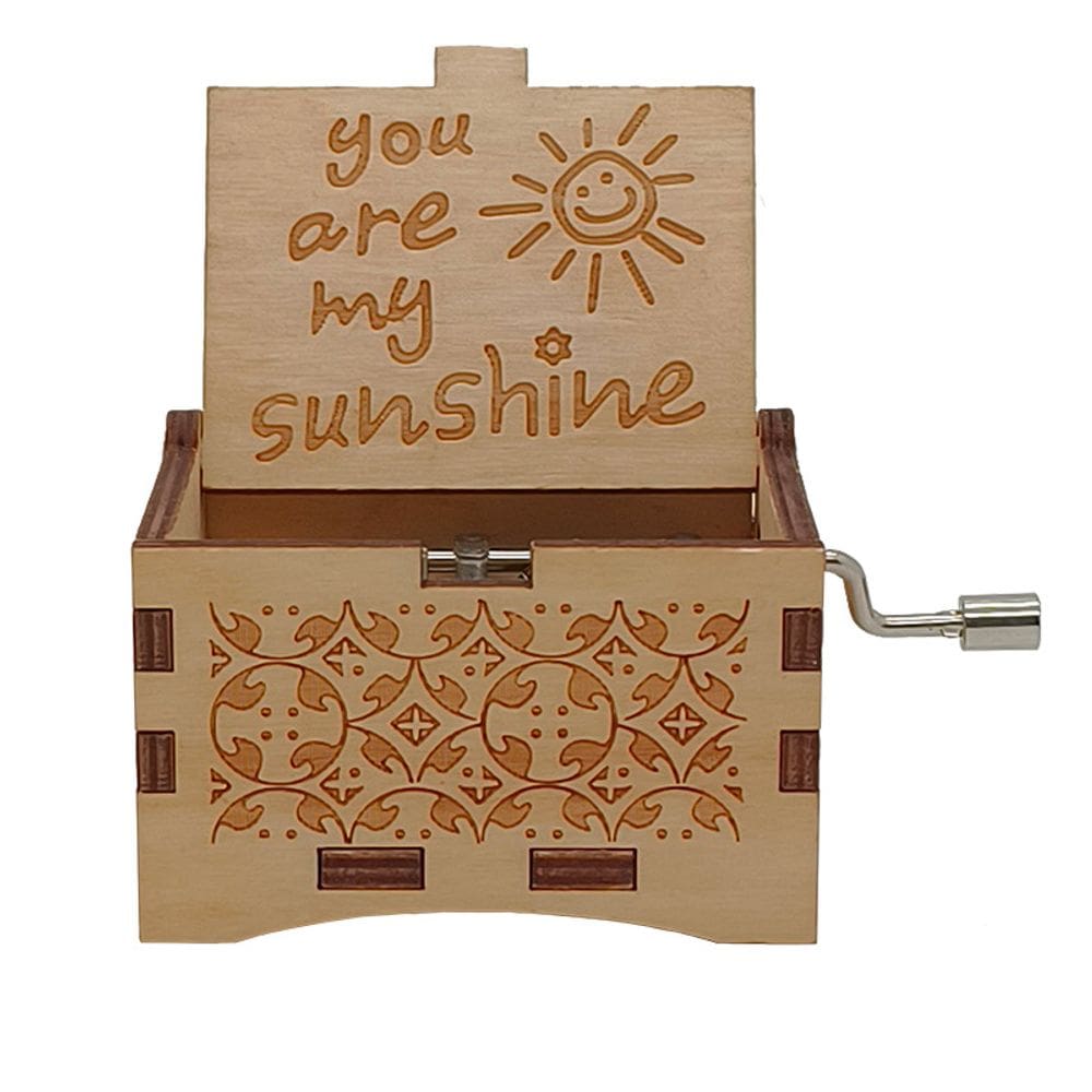 Caixa de música com manivela de madeira com “You Are My Sunshine” esculpido