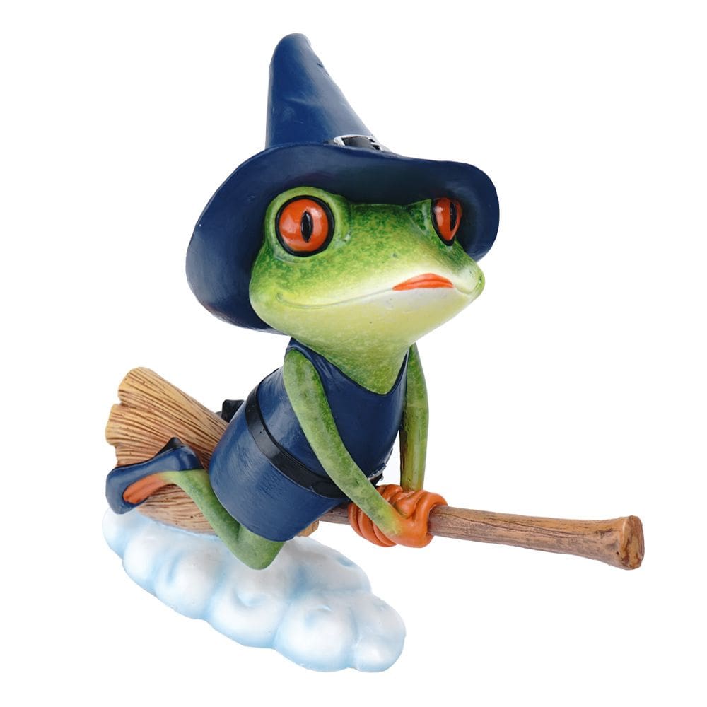 Escultura: figura de sapo de bruxa voadora, resina de 21 cm com vassoura
