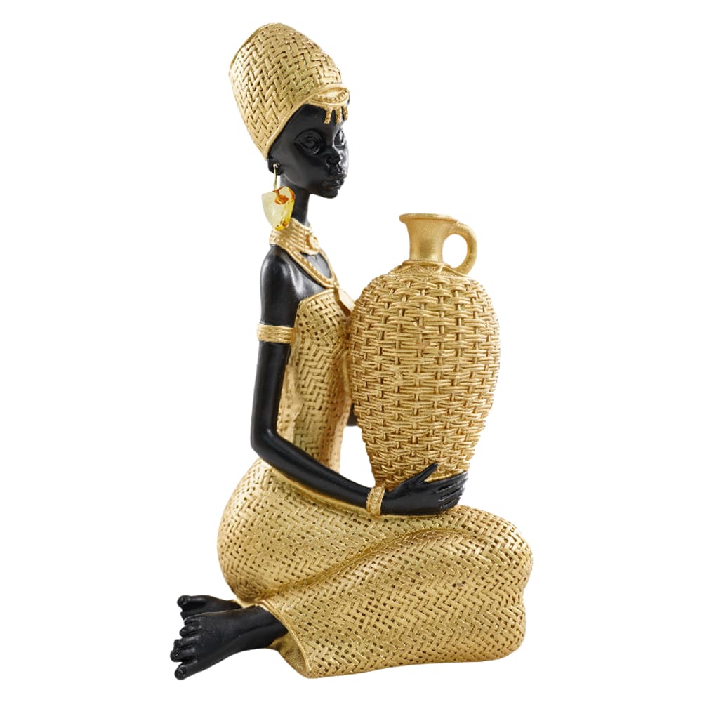 Estatueta de mulher africana, escultura em resina de 23 cm com detalhes dourados