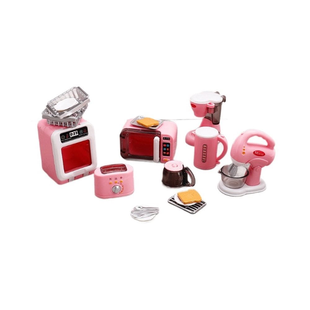 Mobiliário de casa de bonecas em miniatura, conjunto de utensílios de cozinha rosa, 8 unidades