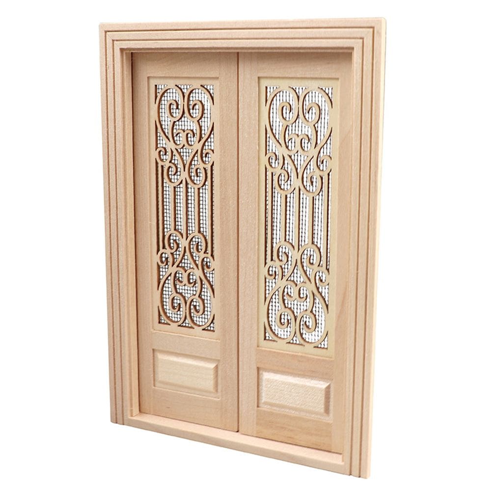 Casa de bonecas em miniatura, porta dupla de madeira, escala 1:12 com malha