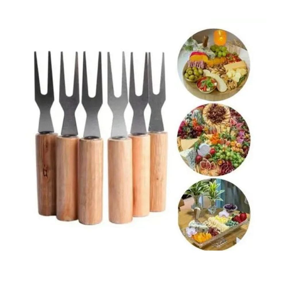 Kit De Jogo Seis Garfos Para Petiscos Aço Inox Madeira Luxo