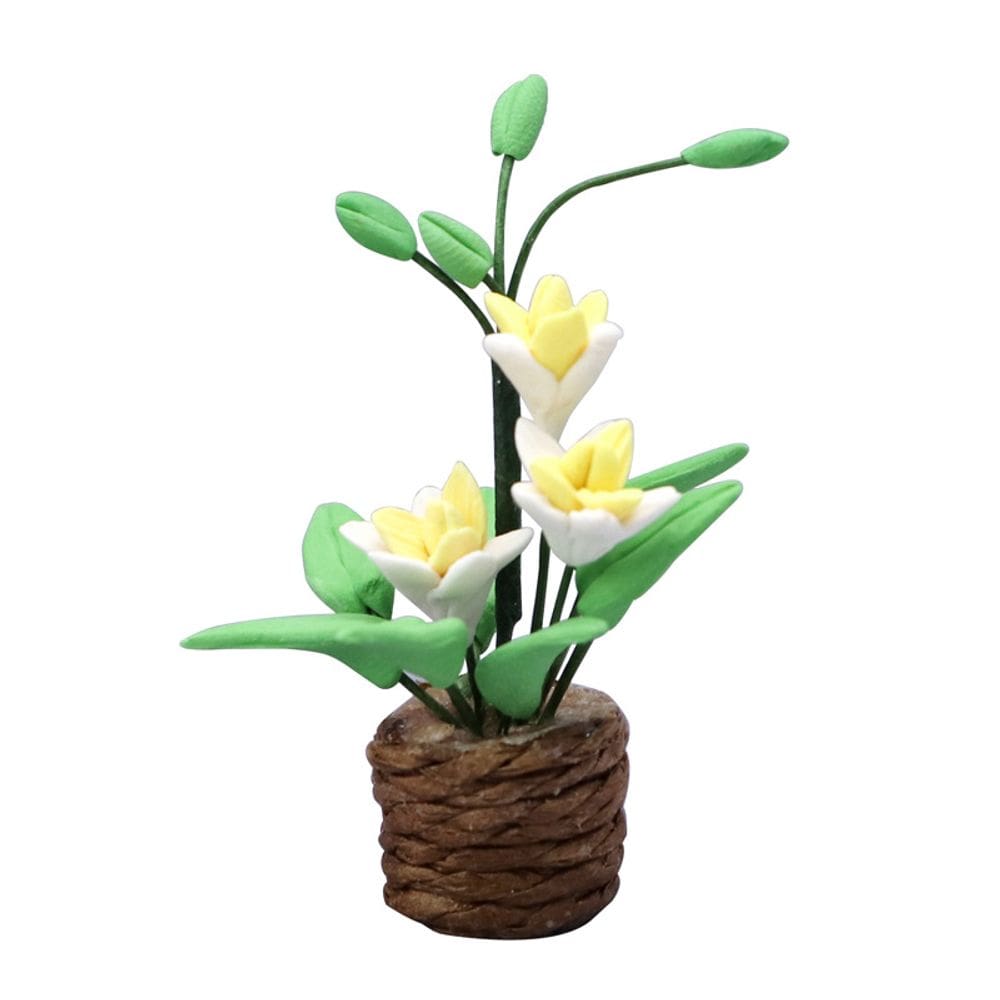 Planta de flores em miniatura amarela em vaso de tecido para casa de bonecas