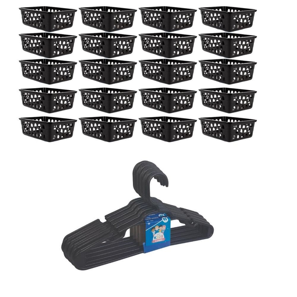 Kit 20 Cestos Organizador Médio Preto + 20 Cabides Infantil