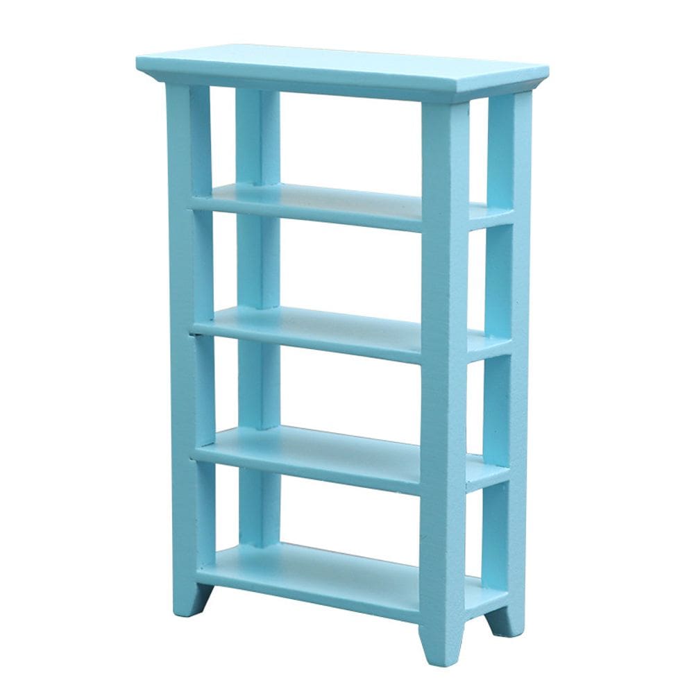 Prateleira de casa de bonecas em miniatura 1:12 azul de madeira para armazenamento de 4 camadas