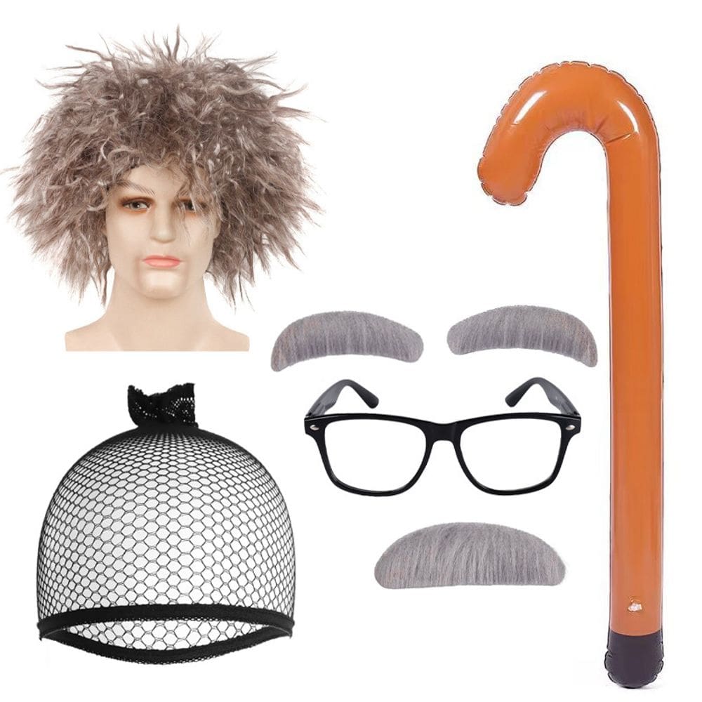 Conjunto de perucas para idosos, cinza, encaracolado, sintético