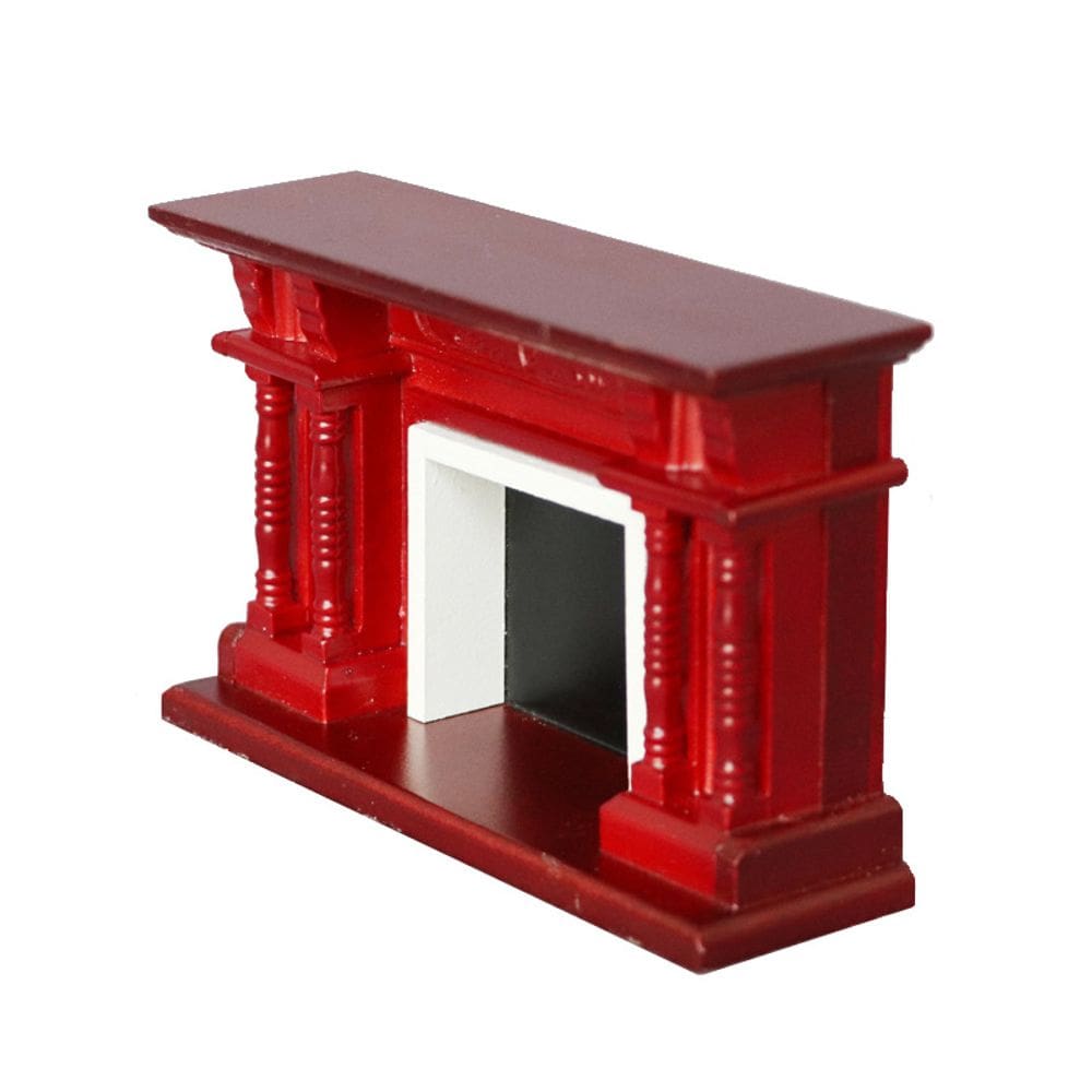Lareira de casa de bonecas em miniatura vermelha, resina e madeira em escala 1:12