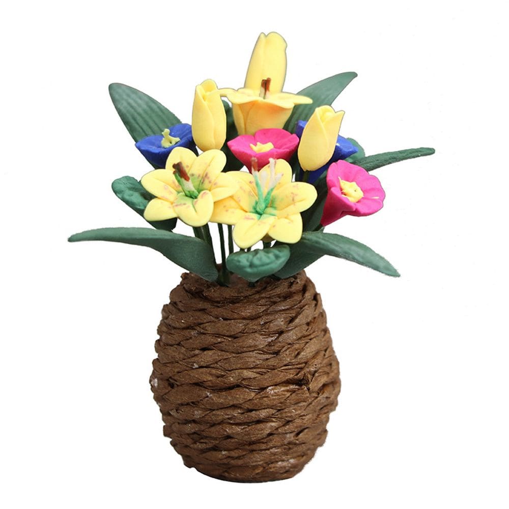 Arranjo de flores em miniatura em vaso de tecido para casa de bonecas