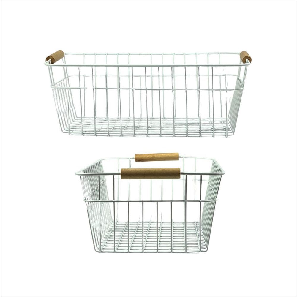 Cestos Organizadores Metal Aramado 2 Unidades Alça Madeira