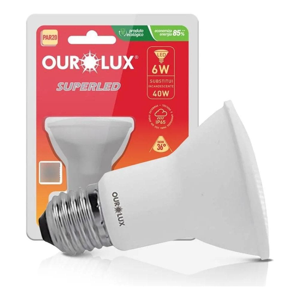 2X Lâmpada Led Par20 6W 3000K Ip20 Branco Quente Ourolux Luz