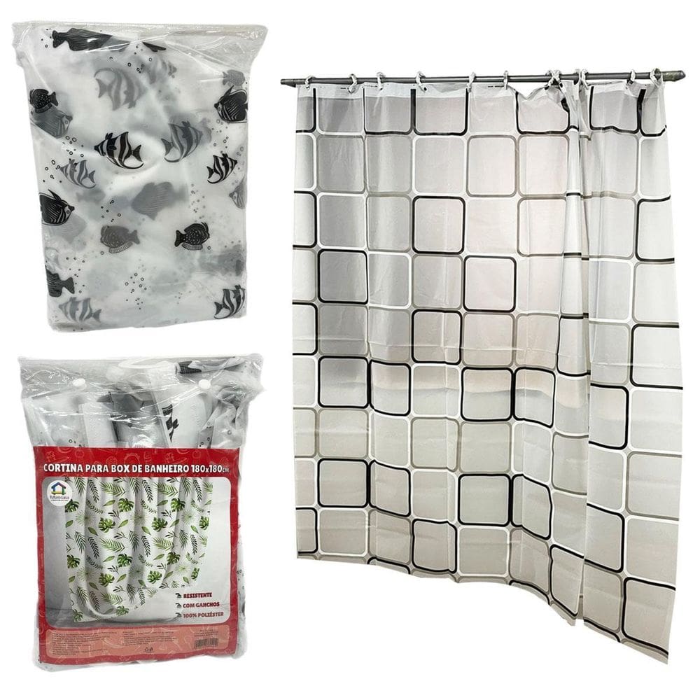 Cortina Box Banheiro Poliéster Com Ganchos 180Cmx180Cm