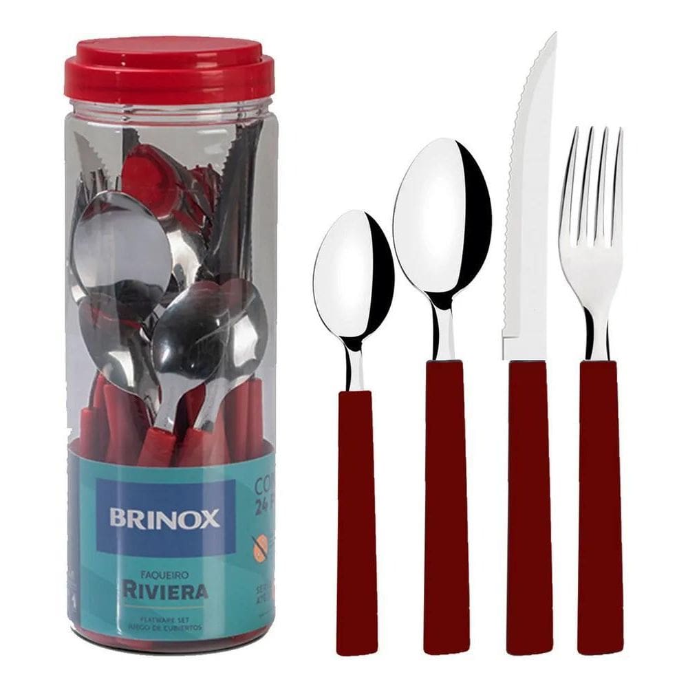 2X Faqueiro Riviera Em Aço Inox Vermelho 24 Pcs Brinox 6025/