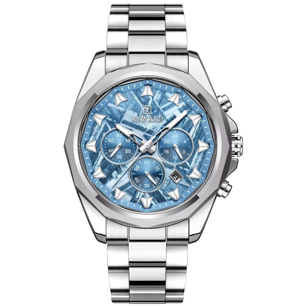 Relógio De Aço Inoxidável Masculino Com Cronógrafo à Prova D´agua Prata Azul