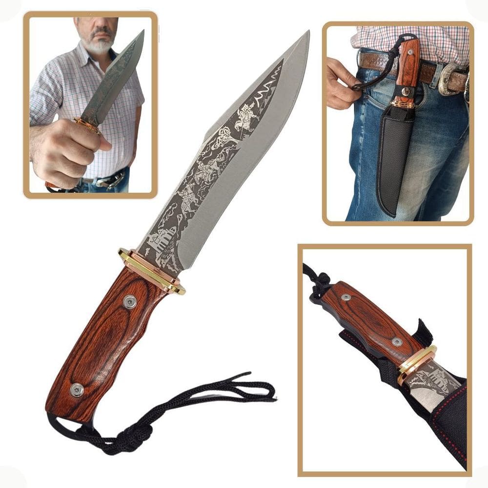 Faca Inox Cabo De Madeira Lamina Desenho Fulltang Churrasco