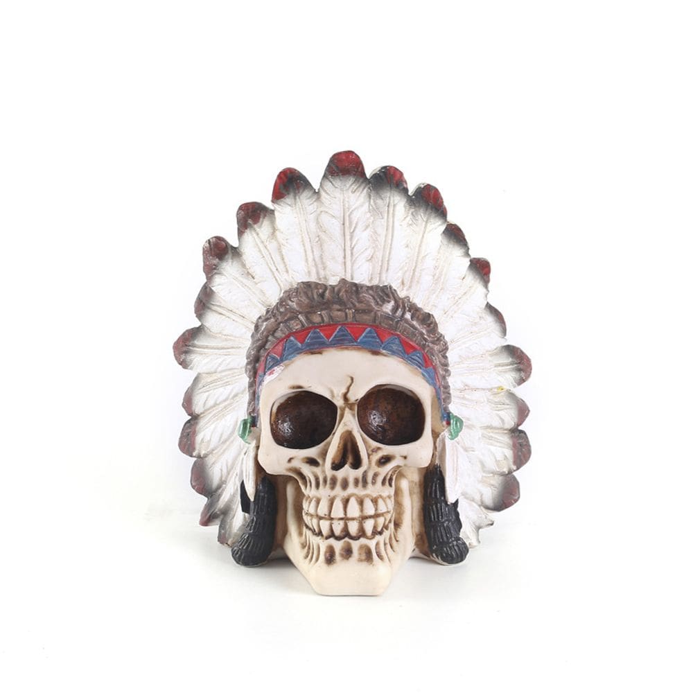 Escultura: cabeça de caveira, resina com touca de penas, Halloween, 14 cm