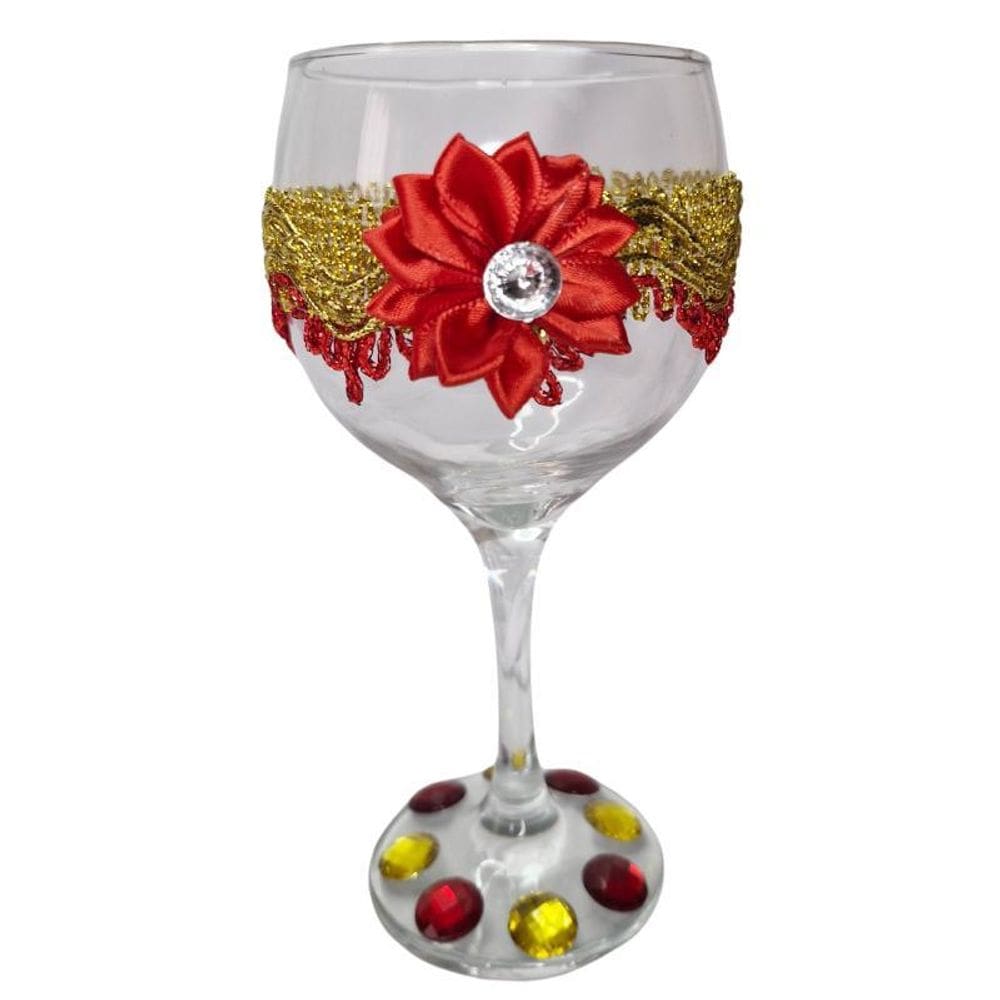 Taça Royal Cigana Vermelha E Dourada Flor Vidro 365 Ml