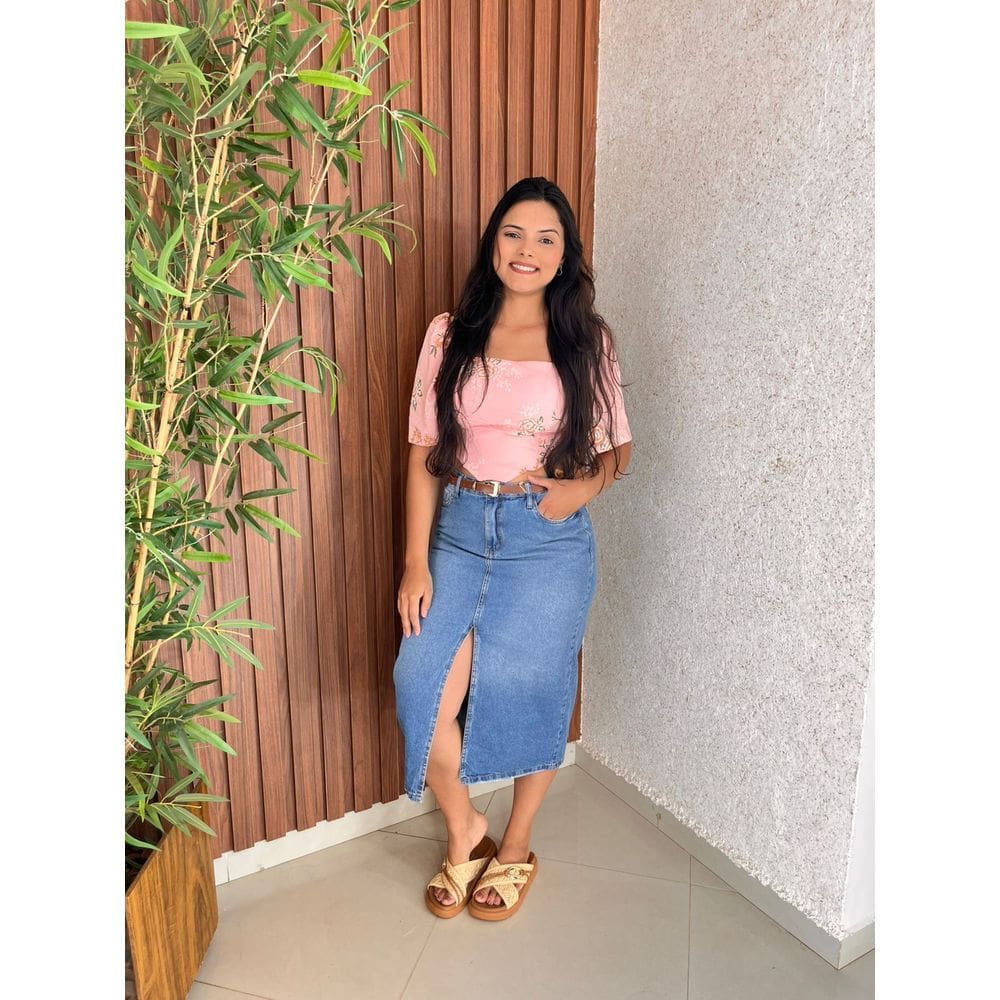 Saia Midi Jeans Com Fenda Acompanha Cinto Crisconf
