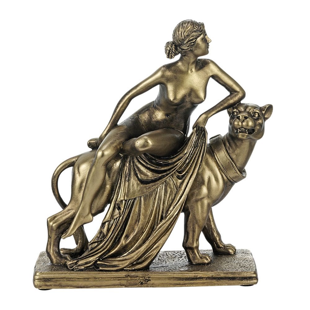 Estátua de resina grega de deusa e pantera de 22 cm com acabamento em bronze
