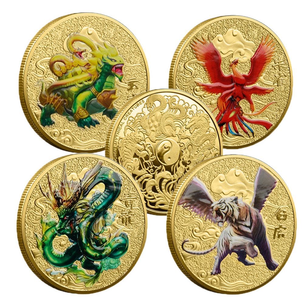 Conjunto de moedas comemorativo com 4 criaturas míticas chinesas