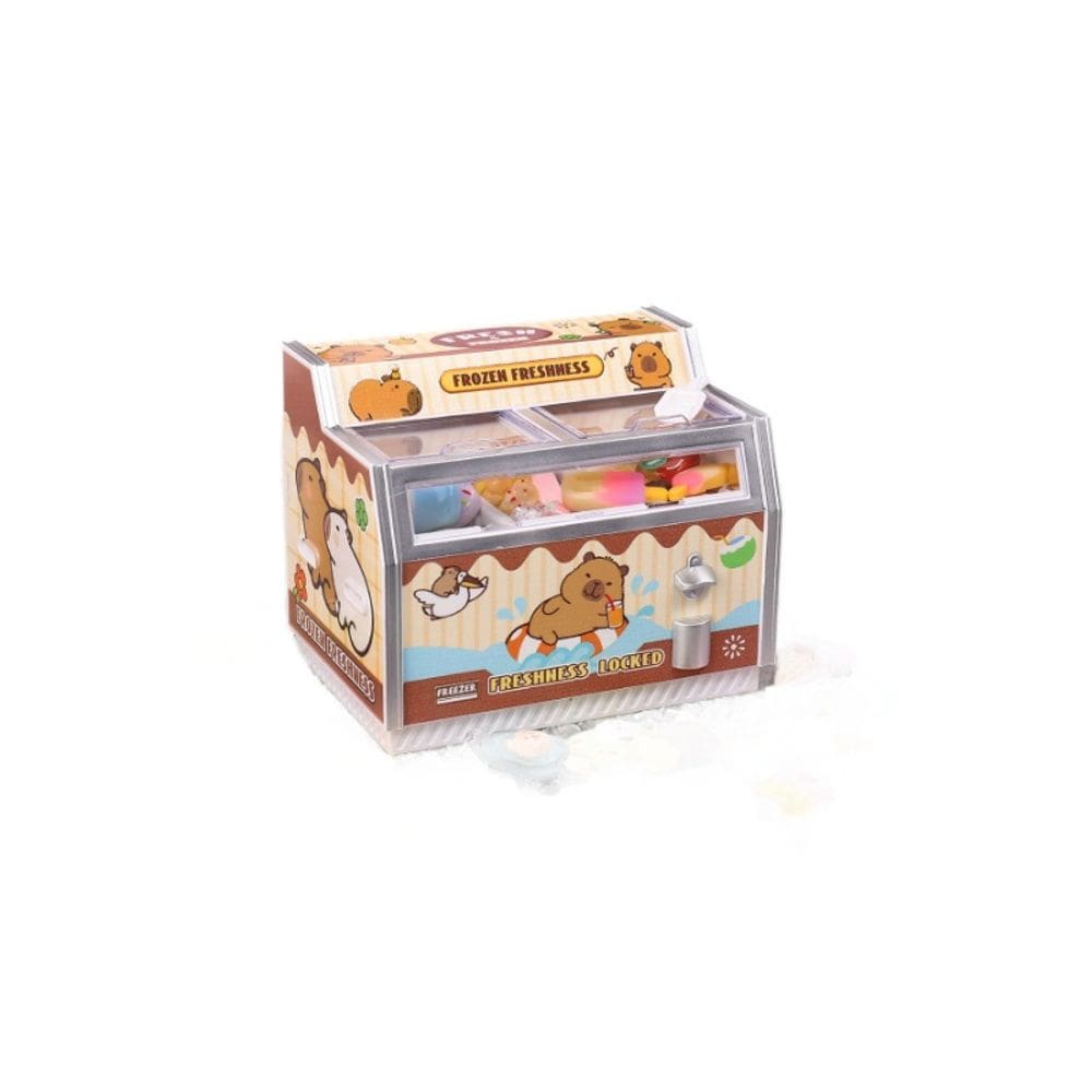 Baú de congelador de móveis para casa de bonecas em miniatura com luz e comida