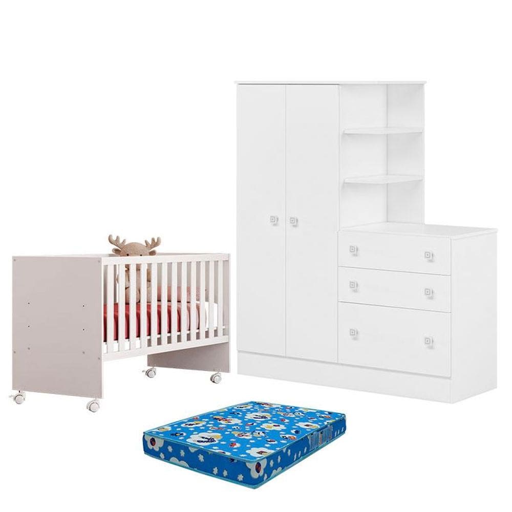 Berço Nacional 3540 e Guarda Roupa com Cômoda 4070 Doce Sonho Branco Brilho e Colchão Tend Tudo - Qmovi