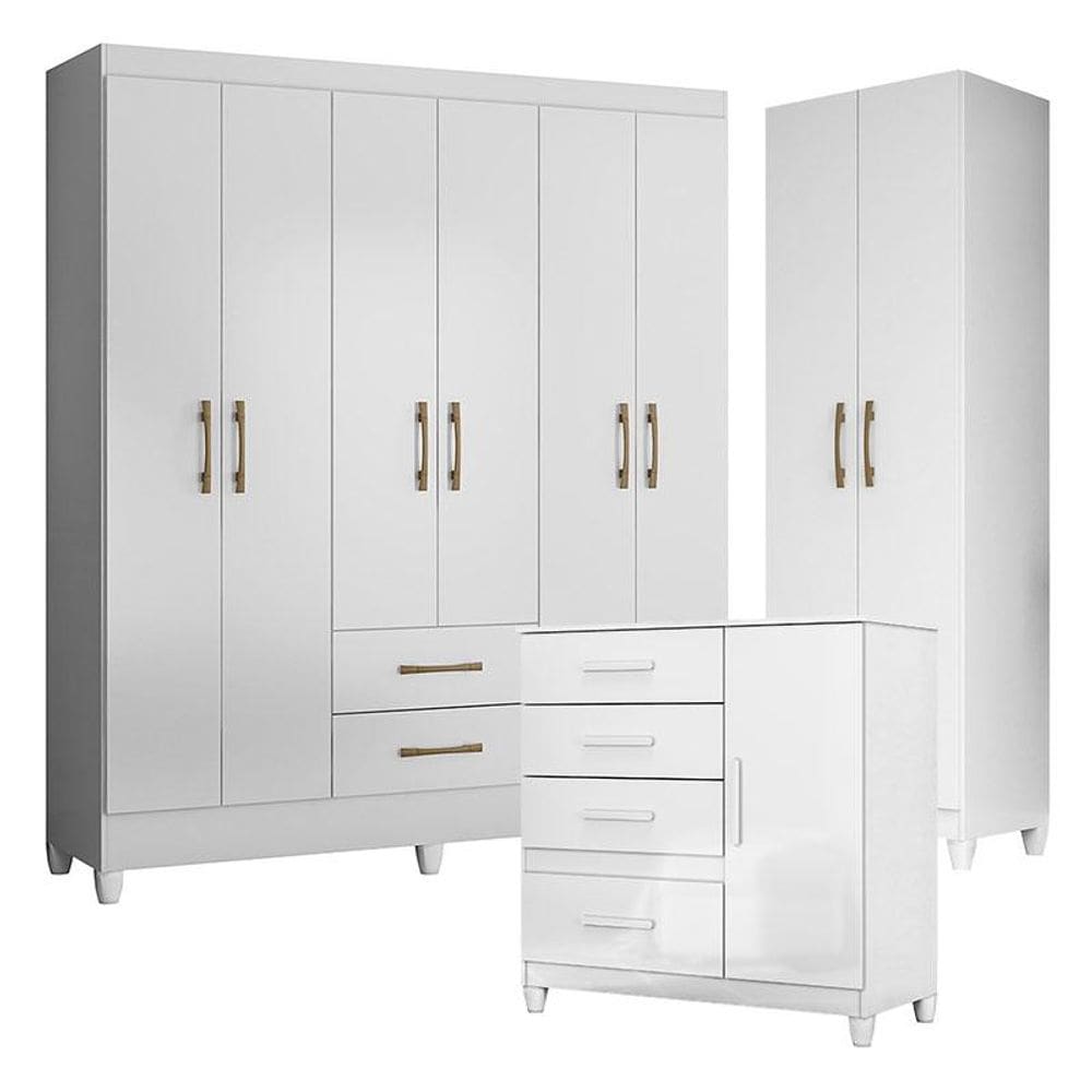 Guarda Roupa Casal Panamá com Cômoda Vênus com pés e Armário Multiuso New Íris Branco Brilho- Moval