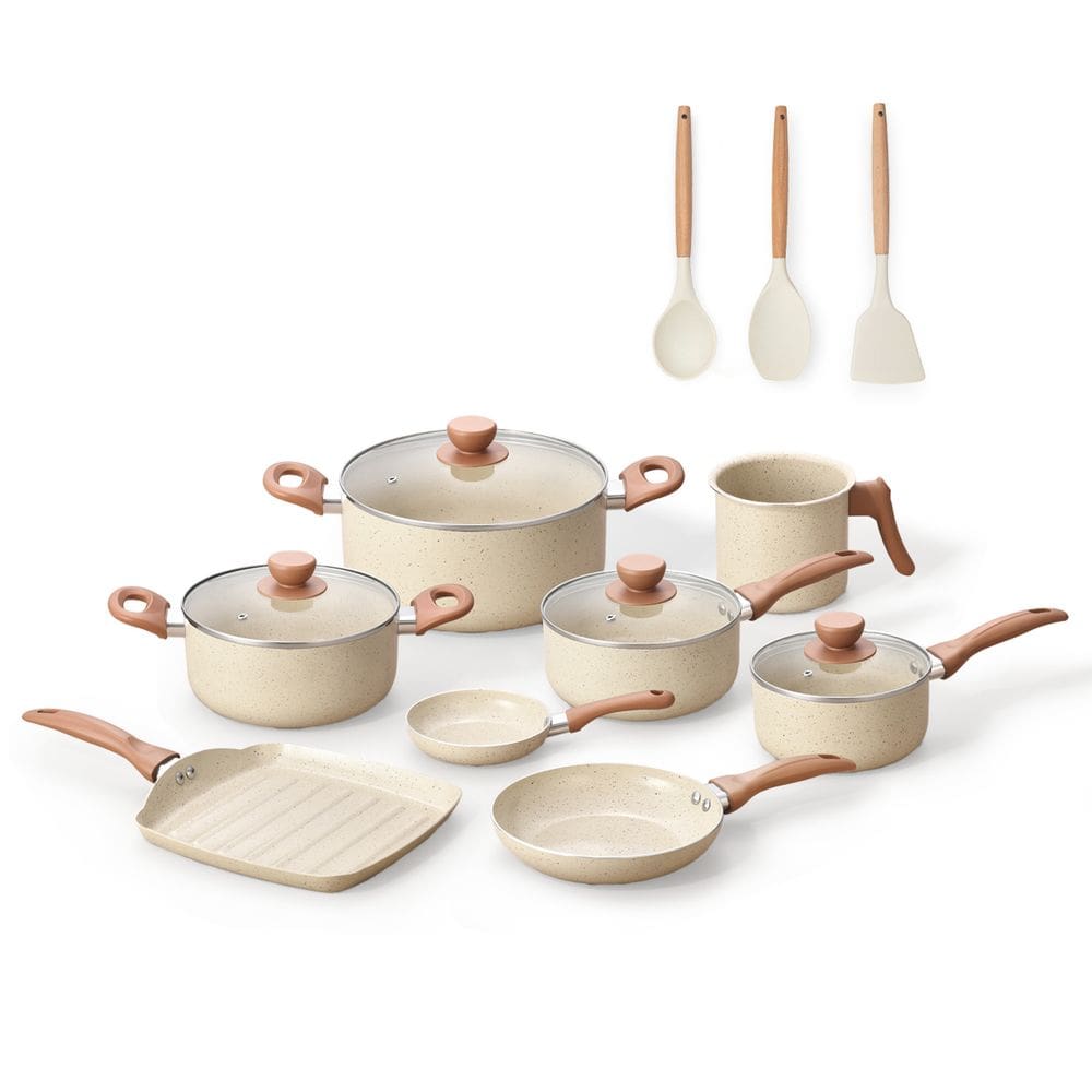 jogo com 8 panelas antiaderentes de ceramica e aluminio bege terrara e 3 utensílios de silicone - oi