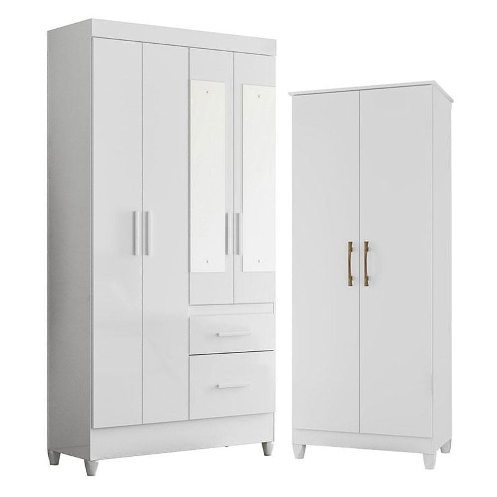 Guarda Roupa Solteiro Madri com Espelho e Armário Multiuso Jade Branco Brilho - Moval